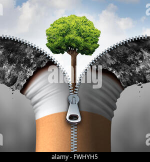 Zigarette Konzept und Anti Raucher Symbol als ein Tabakerzeugnis eröffnet mit einem 3D Illustration Reißverschluss enthüllt einen klaren blauen Himmel und gesunden grünen Baum wächst als ein Symbol der Gesundheit für die Änderung des Lebensstils. Stockfoto