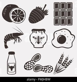 Allergie-Nahrungsmittel-Symbole festgelegt. Vektor-Illustration - Eps 8 Stock Vektor