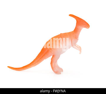 Seite Ansicht orange Parasaurolophus Spielzeug auf weißem Hintergrund Stockfoto