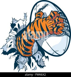 Cartoon-Clip Art Vektorgrafik von einem Tiger Maskottchen paw Rippen aus dem Hintergrund einen Rugby-Ball greifen. Stock Vektor