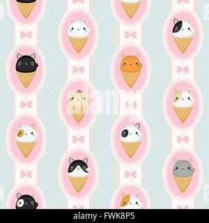 Süße Eis Neko Katzen in geschnürten Rahmen. Vektor-Muster-Tupfen und Streifen. Abstrakte flach Vintage-Design. Stock Vektor
