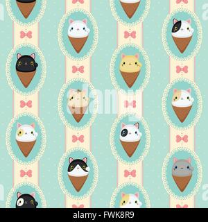 Süße Eis Neko Katzen in geschnürten Rahmen. Vektor-Muster-Tupfen und Streifen. Abstrakte flach Vintage-Design. Stock Vektor