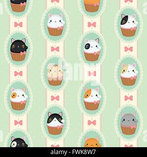 Süße Cupcake Neko Katzen in geschnürten Rahmen. Vektor-Muster-Tupfen und Streifen. Abstrakte flach Vintage-Design. Stock Vektor