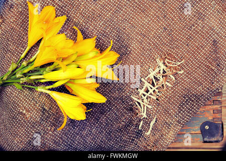 Grunge-Sackleinen-Hintergrund mit gelbe Lilie Blumen Stockfoto