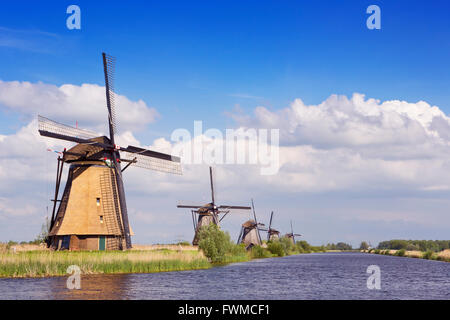 Traditionelle holländische Windmühlen an einem hellen, sonnigen Tag in Kinderdijk in den Niederlanden. Stockfoto