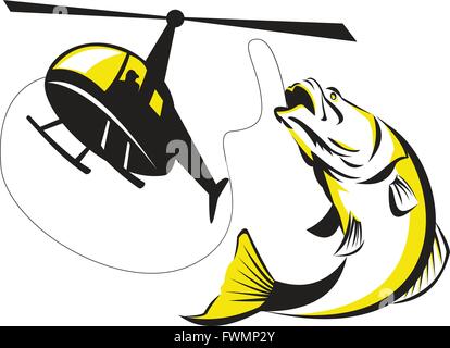 Abbildung der Hubschrauber Heli Fischerei Kokons ein springen Barramundi oder asiatischen Wolfsbarsch (Lates Calcarifer) auf isolierte Hintergrund getan im retro-Stil. Stock Vektor