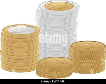 Euro-Münzen Stacks auf einem weißen Hintergrund. Vektor-Illustration. Stock Vektor