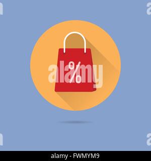 Einkaufstasche mit Prozent melden Sie flache Bauweise lange Schatten Vektor Icon im Kreis auf Pastellblau Hintergrund Stock Vektor