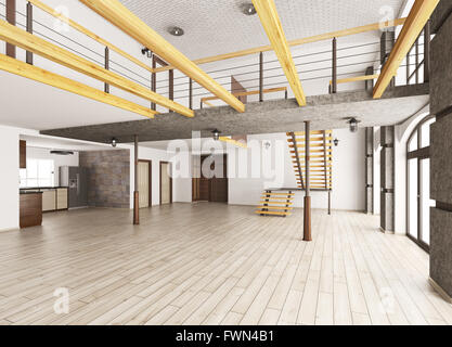Leeren Innenraum des Loft Wohnung Wohnzimmer Hall Küche Treppe 3D-Rendering Stockfoto