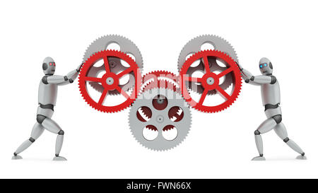 Rendern von ein zwei Robotern, die Zahnräder, isoliert auf weiss in Betrieb Stockfoto