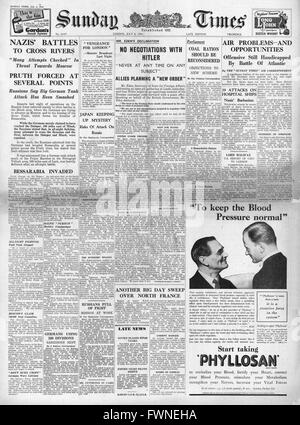 1941-Titelseite Sunday Times Schlacht für Russland und Anthony Eden sagt "Keine Verhandlungen mit Hitler" Stockfoto