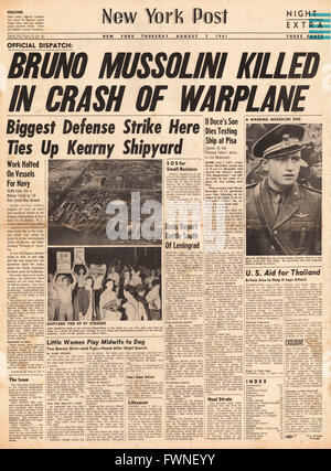 Titelseite 1941 New York Post Bruno Mussolini bei Flugzeugabsturz getötet Stockfoto