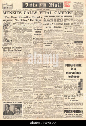 1941 fordert Titelseite Daily Mail australische Premierminister Robert Menzies Notfall Kabinettssitzung wegen Japan-Krise Stockfoto