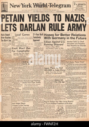 Titelseite 1941 New York World-Telegram Marschall Petain ernennt Admiral Darlan Oberbefehlshaber der französischen Streitkräfte Stockfoto