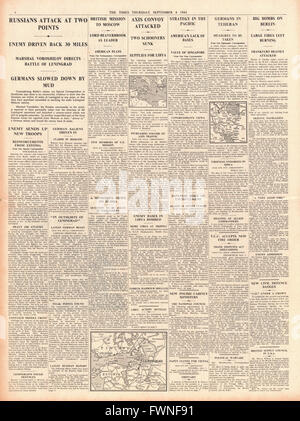 1941, Seite 4 The Times russische Armee Gegenangriff und Ostfront, Lord Beaverbrook auf Mission nach Moskau und RAF Bombe Berlin und Frankfurt Stockfoto