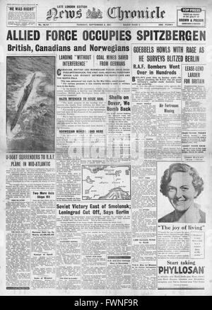 1941-Titelseite News Chronicle Alliierten Streitkräfte besetzen Spitzbergen Stockfoto