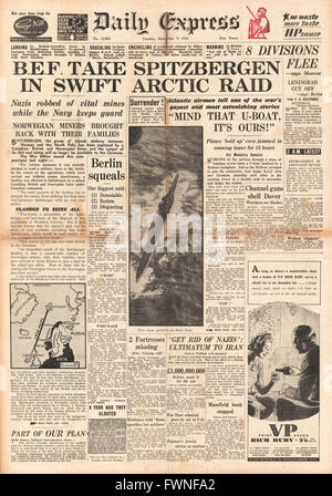 1941-Titelseite Daily Express Alliierten Streitkräfte besetzen Spitzbergen Stockfoto