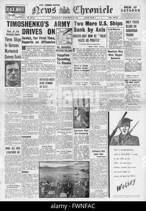 1941-Titelseite News Chronicle Marschall Timoshenko führt russischen Gegenangriff und u-Boot sinkt US-Frachter Longtaker und Stahl-Seemann Stockfoto