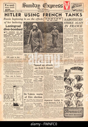 1941-Titelseite Sunday Express Bundeswehr verwenden französische Panzer in Russland Stockfoto