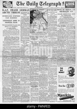 1941-Titelseite Daily Telegraph RAF in Aktion auf Arctic Front und US-Rechnung bis Ende Neutralität Stockfoto