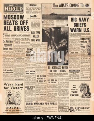 1941-Titelseite Daily Herald-Schlacht um Moskau Stockfoto