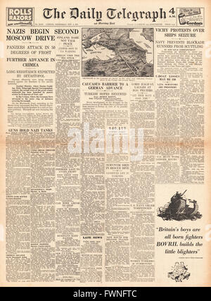 1941-Titelseite Daily Telegraph Schlacht um Moskau und Krim Stockfoto