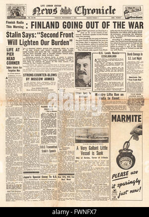 1941-Titelseite News Chronicle Finnland will eine Einstellung zu Feindseligkeiten und Stalin fordert für eine zweite front Stockfoto