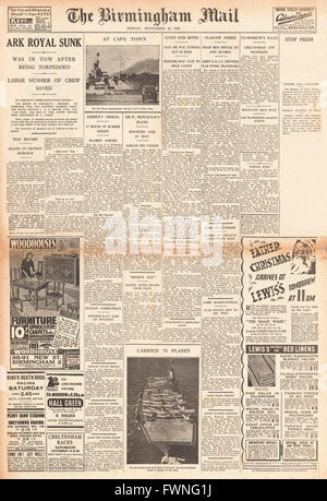 1941 Titelseite Birmingham Mail HMS Ark Royal von 81 im Mittelmeer versenkt Stockfoto