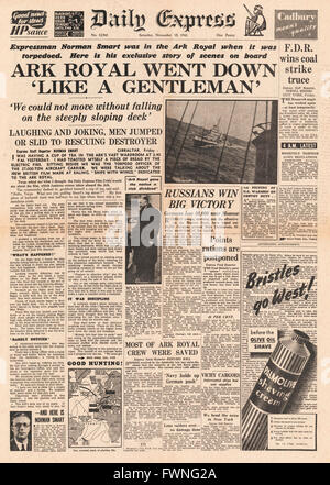 1941-Titelseite Daily Express Versenkung der HMS Ark Royal Stockfoto