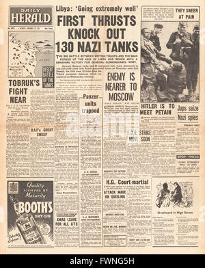 1941 vorne voraus Seite Daily Herald britischen Streitkräfte in Libyen Stockfoto