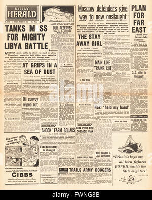 Titelseite Daily Herald Kampf um Libyen und Schlacht um Moskau 1941 Stockfoto