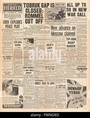 Titelseite Daily Herald Kampf um Libyen und Schlacht um Moskau 1941 Stockfoto