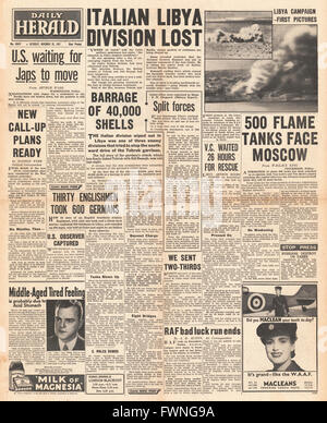 Titelseite Daily Herald Kampf um Tobruk und Schlacht um Moskau 1941 Stockfoto