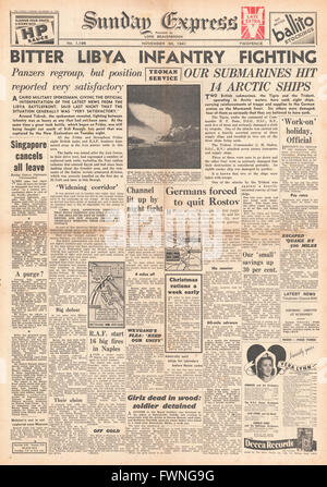 1941-Titelseite Sunday Express Kampf um Libyen und Royal Navy u-Boote schützen arktische Konvois Stockfoto