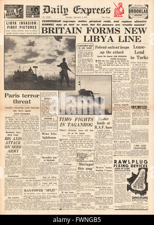 1941-Titelseite Daily Express Kampf um Libyen Stockfoto