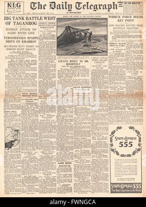 Daily Telegraph Panzerschlacht bei Targanrog und Kampf um Tobruk 1941 Titelseite Stockfoto
