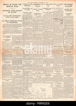 1941, Seite 4 der Zeiten HMS Prince Of Wales und HMS Repulse versenkt, japanische Truppen Land in Philippinen, Schlacht in Malaya und Belagerung von Tobruk Stockfoto