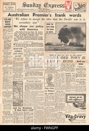 1941-Titelseite Sunday Express australische Premier hält Rede im Pazifikkrieg Stockfoto