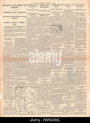 1941-Titelseite die Zeiten Schlacht um Moskau und Großbritannien um Russland zu helfen Stockfoto