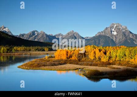 WYOMING - Sonnenlicht am frühen Morgen auf den Tetons und Espen in Herbstfarben von Oxbow Bend übersehen des Snake River. Stockfoto