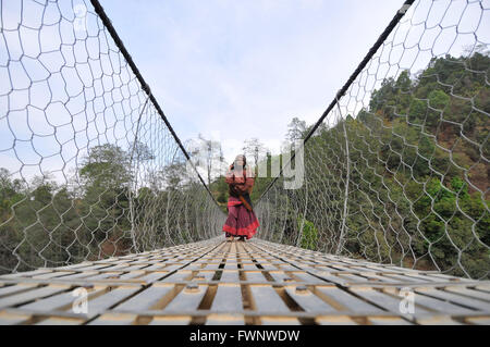 Kathmandu, Nepal. 6. April 2016. Eine alte Frau Weg zurück nach Hause von der langen Brücke nach Grass für Haustiere bei Chhampi, Lalitpur, Nepal zu sammeln. © Narayan Maharjan/Pacific Press/Alamy Live-Nachrichten Stockfoto