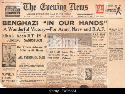 1941-Titelseite Abend News British Forces erfassen Benghazi Stockfoto