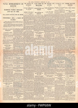 1941 s. 4 The Times RAF Bombe Ostend, deutsche Truppen in Bulgarien, Kampf um Bengasi und Leasing und verleihen Bill Stockfoto