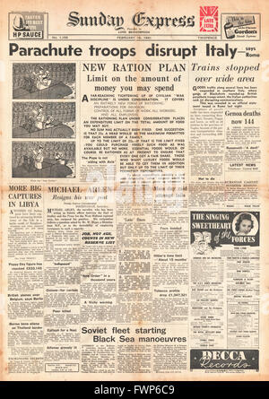 1941 Front page Sunday Express Fallschirmjäger landen im südlichen Italien und neue ration Pläne Stockfoto