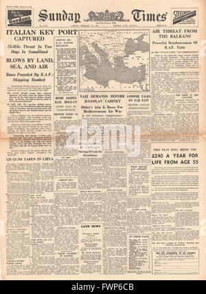 1941 Front page Sunday Times britische Truppen capture Kismayu in Italienisch Somaliland Stockfoto