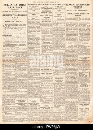 1941, Seite 7 The Observer Bulgarien Join Achse Befugnisse und imperialen Kräfte voraus in Somaliland Stockfoto