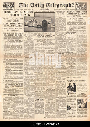 1941-Titelseite Daily Telegraph britische raid auf die Lofoten-Inseln und jugoslawischen Führer treffen zur Erörterung Balkan-Krise Stockfoto