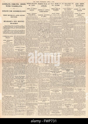 1941-Seite 4 ablehnen die imperiale Truppen eritreischen Hauptstadt Asmara und MP erfassen Zeiten Sonntag öffnen für Theater Stockfoto