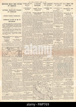 1941, Seite 4 The Times britische Armee Kampf deutscher Kräfte in Griechenland Stockfoto