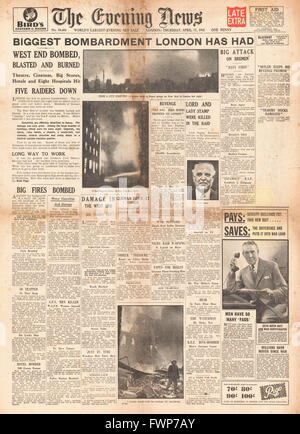 1941 Titelseite Evening News (London) Bombing Überfall auf London Stockfoto